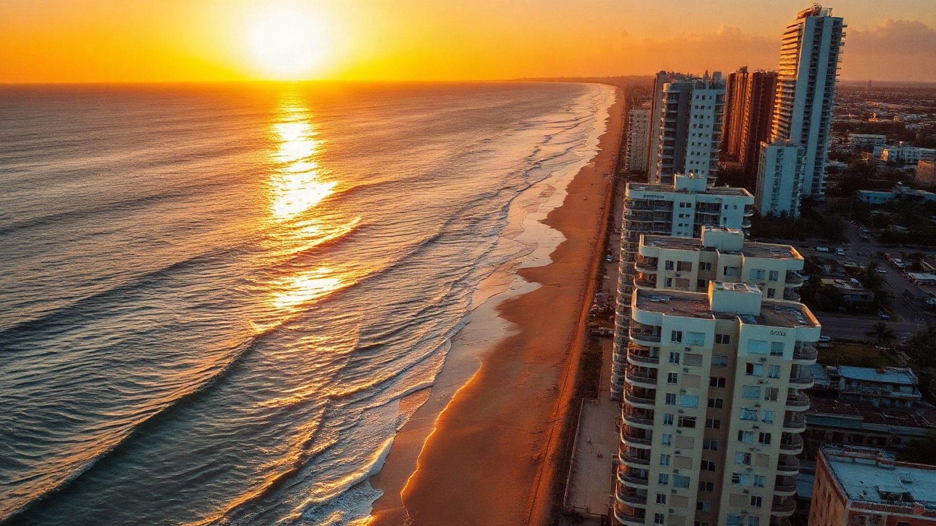 Vista aérea do litoral de Fortaleza com a Avenida Beira Mar ao pôr do sol