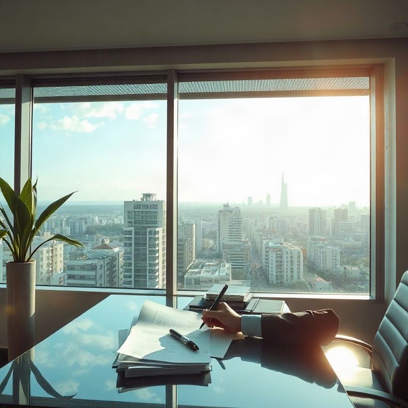 Profissional analisando documentos imobiliários com vista para Fortaleza